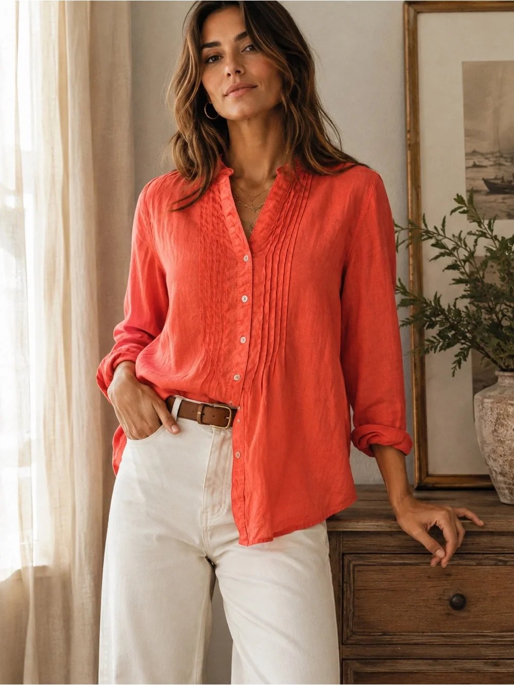 Malvin Linen Women's Coral Button-Front Pintuck Blouse- Size M/8